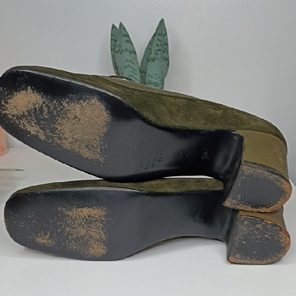 Vintage Gucci Olive Green Suede Block Kitten Heel Loafers Size 37 6.5 Vintage - Picture 9 of 13